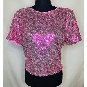 LUSH Barbiecore Pink Sequin Shoulder Pad Crop Short‎ Sleeve Top MEDIUM NWT